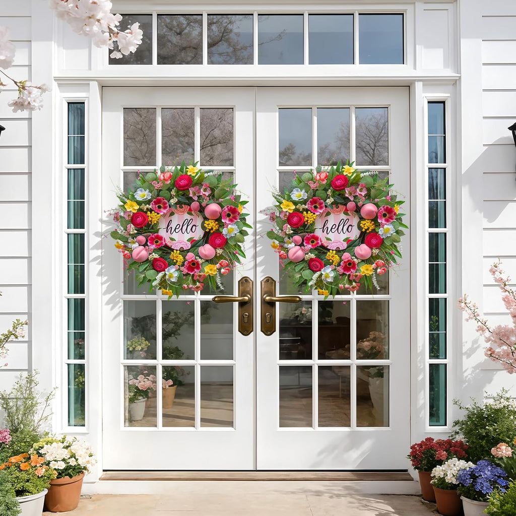 Spring Wreaths - 24 Inch Artificial Summer Wreath with Pink Roses & Hello Sign | Indoor & Outdoor Farmhouse Decor