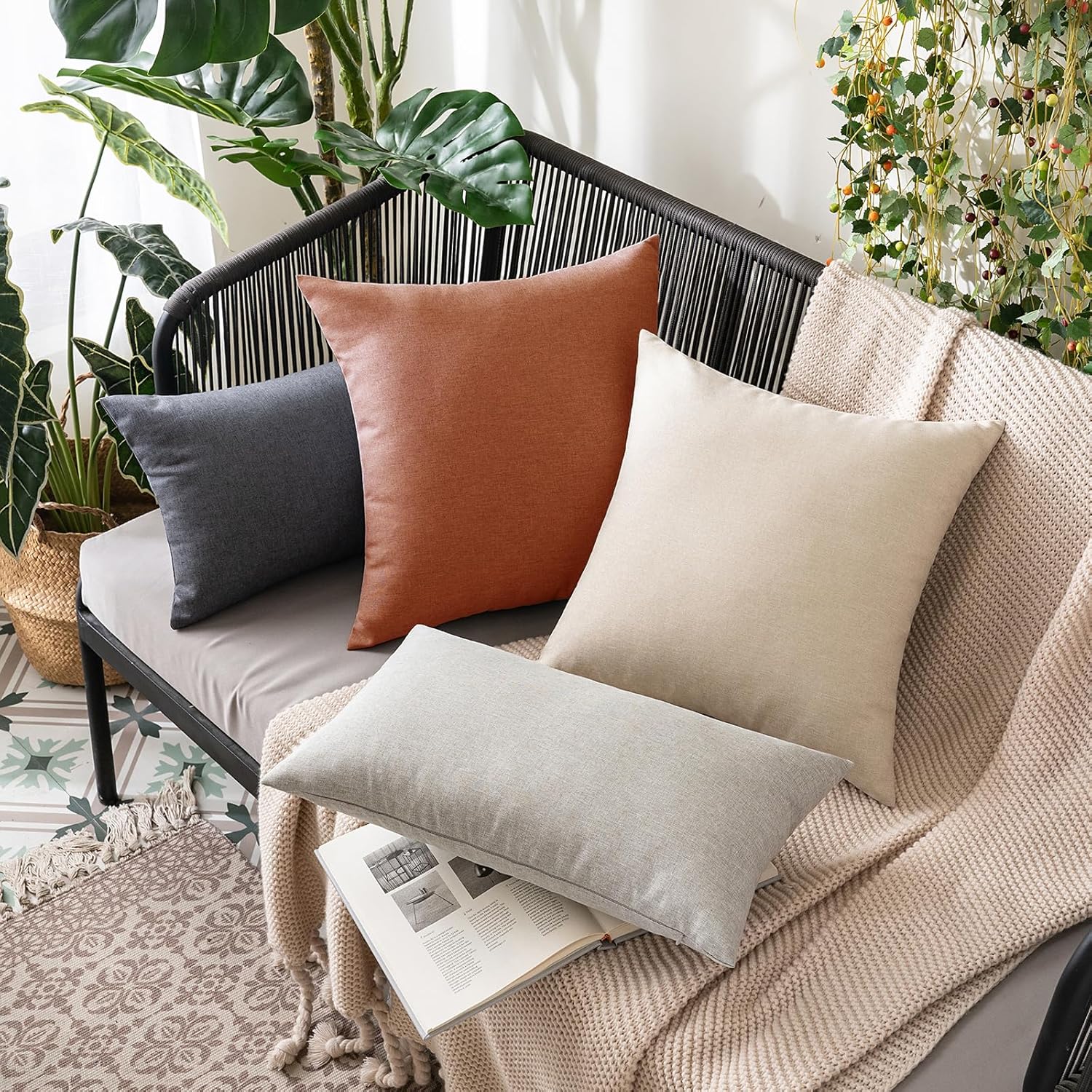 MIULEE Decorative Outdoor Throw Pillow Covers - Waterproof Faux Linen Cushion Cases | 24x24 Inch Rust (Pack of 2)