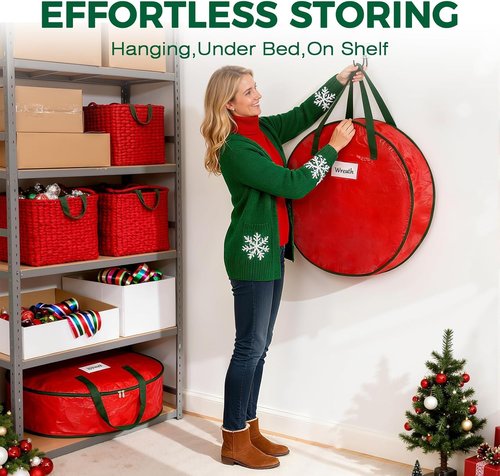 DeckTheHalls Christmas Wreath Storage Container - 2-Pack Waterproof Design with Secure Zipper & Reinforced Handles | Year-Round Protection for 30-Inch Holiday Decor