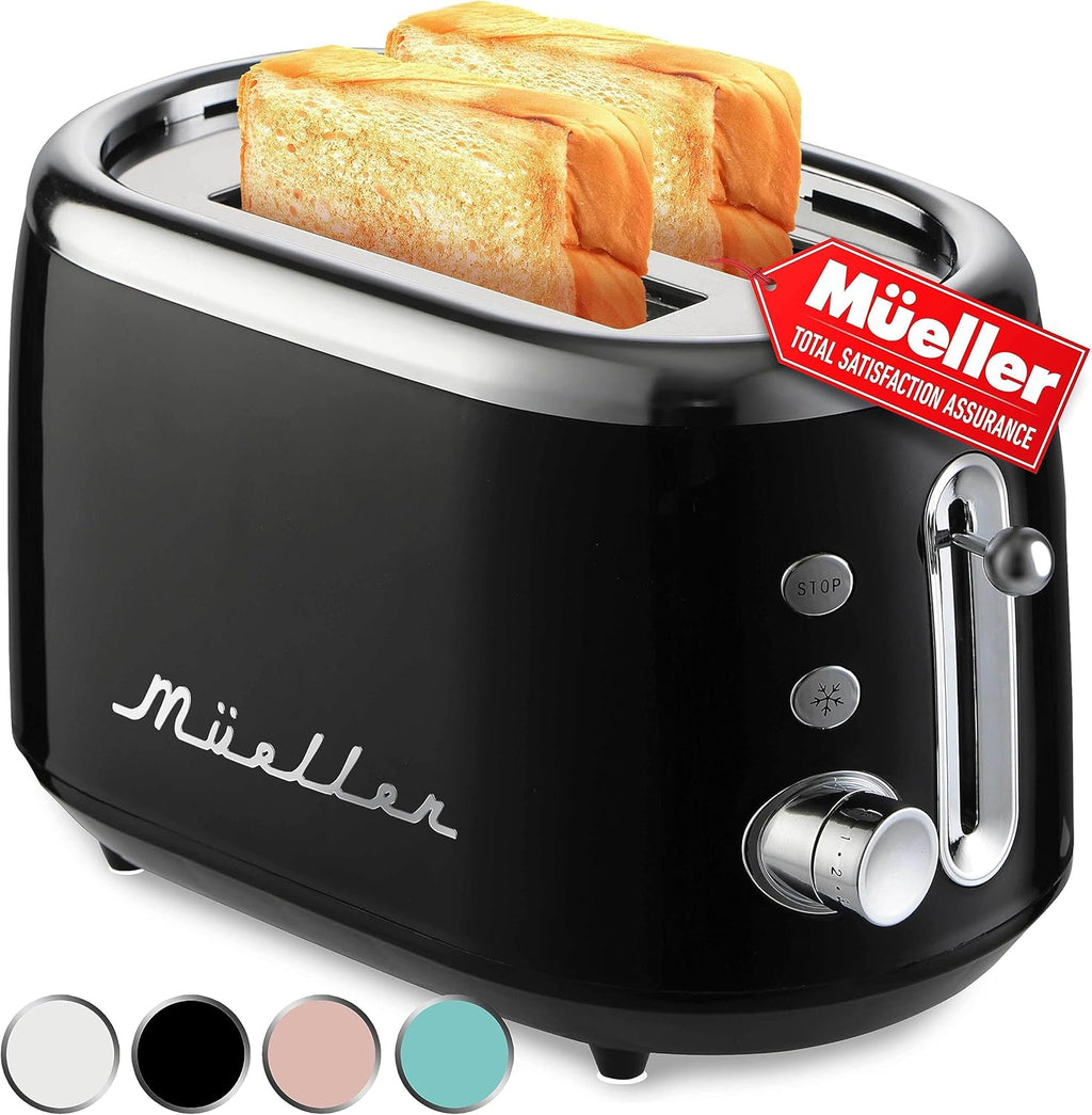 MUELLER HOME Retro Toaster - 2 Slice with 7 Browning Levels & 3 Functions | Stainless Steel, Black