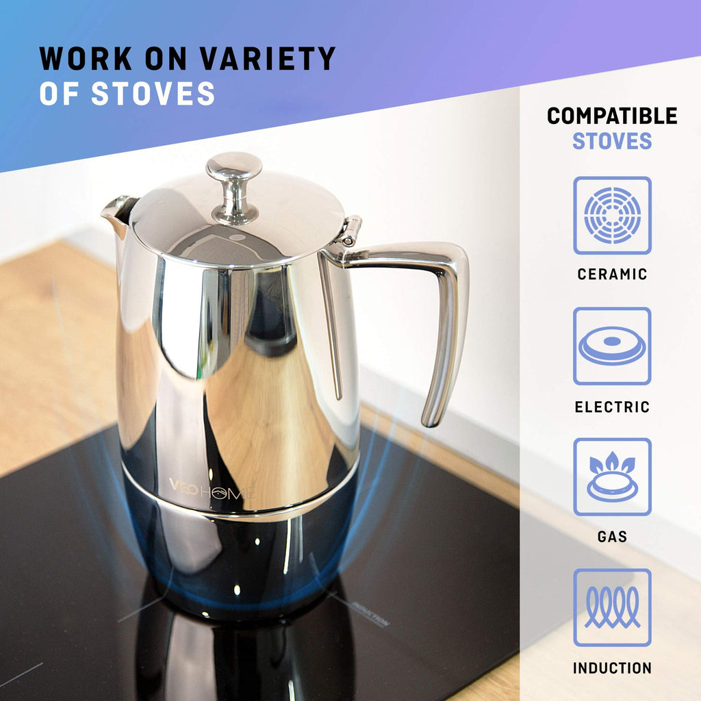 VeoHome Stovetop Espresso Coffee Maker - 10 Cups 500ml Multi-Stove Stainless Steel Induction Moka Pot - Unbreakable and Dishwasher-Safe Italian Style Caffe Machine
