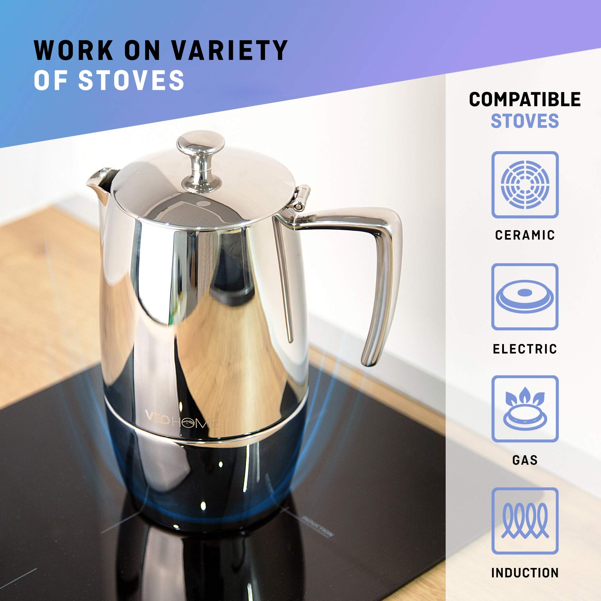 VeoHome Stovetop Espresso Coffee Maker - 10 Cups 500ml Multi-Stove Stainless Steel Induction Moka Pot - Unbreakable and Dishwasher-Safe Italian Style Caffe Machine