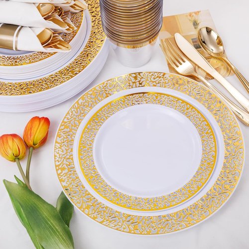 WELLIFE 50 Guests Dinnerware Sets, Gold Plastic Plates，Platos Para Fiestas Elegantes Desechables Include:50 Dinner Plates, 50 Dessert Plate, 150 Pcs Gold Plastic Silverware, 50 Cups for Party