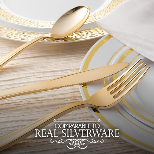 100 Pack Pre Rolled Gold Plastic Cutlery Set, Individually Wrapped Plastic Silverware Set with 100 Forks, 100 Knives, 100 Spoons, 100 Napkins, Disposable Utensils for Party and Wedding