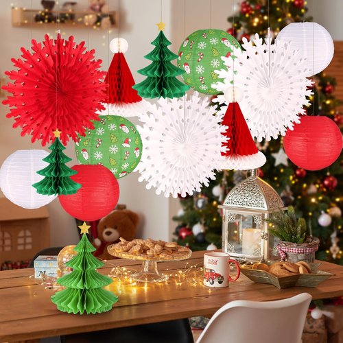 UNIQOOO 14PCS Assorted 3D Christmas Honeycomb Paper Lantern Decoration Garland Set,Celling Hanging Tissue Pine Tree Star, Santa Hat,Snowflake Fan,Japanese Lanterns for Holiday XMAS Party Banner Supply