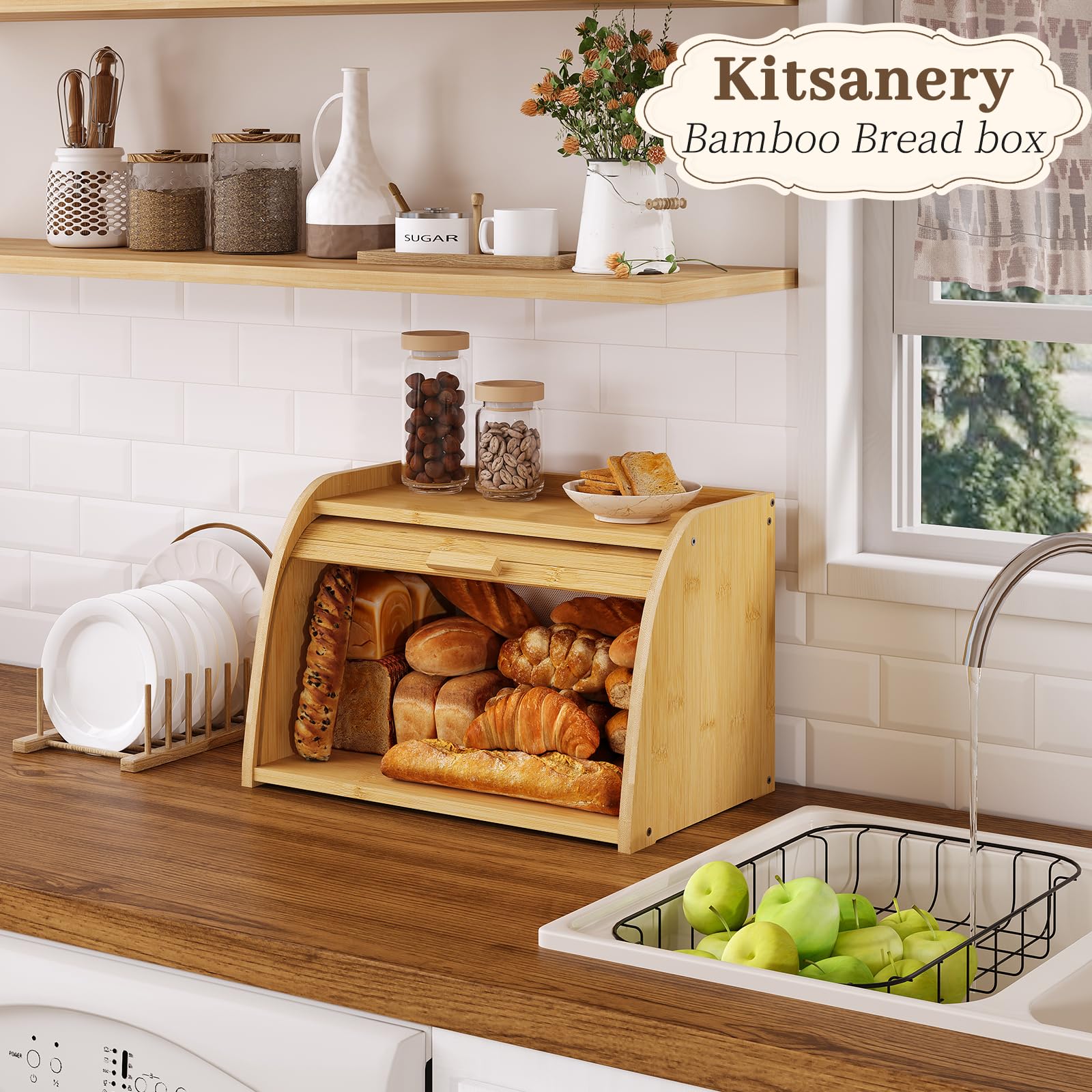 Kitsanery Bread Box for Kitchen Countertop, Bamboo Bread Storage, Double-Layer Roll-Top Bread Container, Farmhouse Bread Holder for Homemade Bread (Natural, single layer)