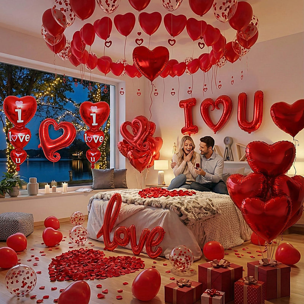 36in I Love You for Her/Him Balloons, 1126pcs Happy Anniversary Decorations with Red Heart Confetti Balloons Rose Petals, Heart Hanging for Valentines Anniversary Day Wedding Romantic Special Night