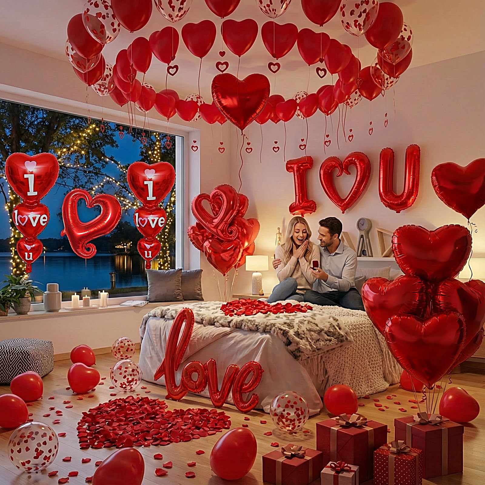 36in I Love You for Her/Him Balloons, 1126pcs Happy Anniversary Decorations with Red Heart Confetti Balloons Rose Petals, Heart Hanging for Valentines Anniversary Day Wedding Romantic Special Night