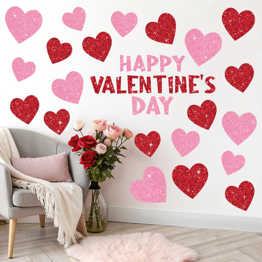 Whaline 9 Sheets Valentine' s Day Wall Stickers Glitter Red Pink Heart Room Mural Stickers Peel and Stick Wall Decals for Home School Office Wedding Anniversary Party Supplies