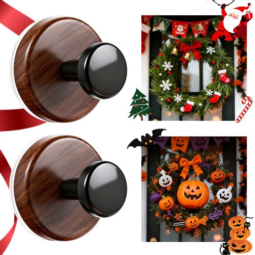 HalfofLife 2-Pack Wreath Hanger for Front Door, Walnut Heavy Duty Suction Cup Reef Hook for Glass Window, Christmas/Thanksgiving/Halloween/July 4th/Easter/Valentine