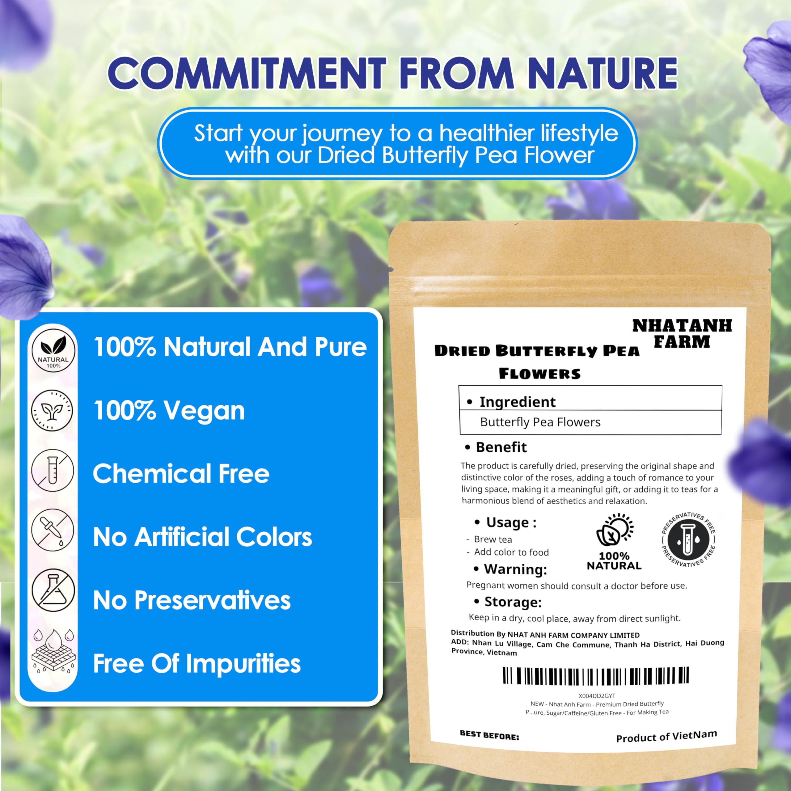 Nhat Anh Farm - Premium Dried Butterfly Pea Flower - 3,5oz(100g) Blue Butterfly Pea Flower - 100% Natural & Pure, Sugar/Caffeine/Gluten Free - For Making Tea