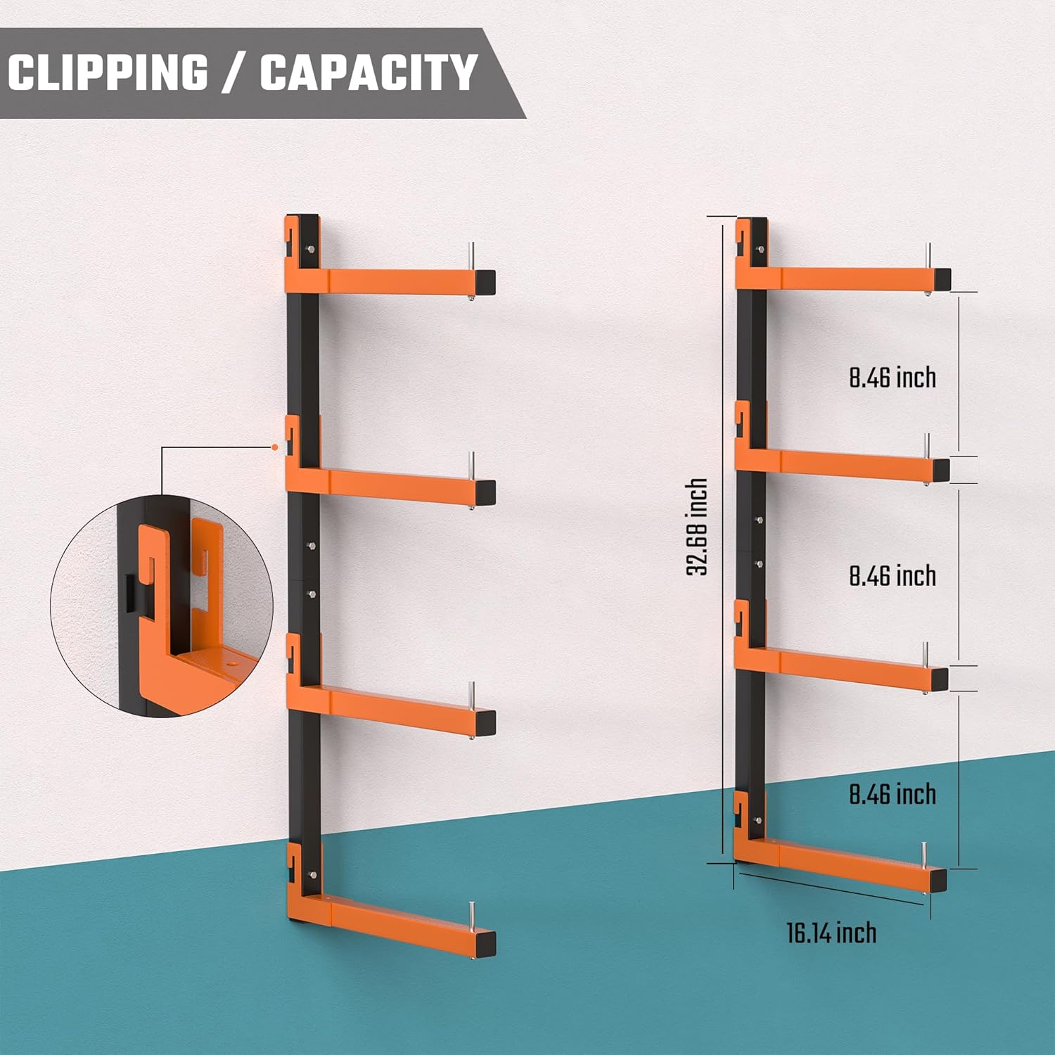 Snap-Fit Lumber Rack | Heavy-Duty Metal Wall Mount Storage for 32-Inch Wood - 8 Levels