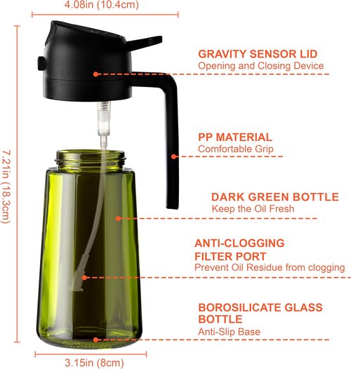CXINYI - 16oz Olive Oil Dispenser | 2-in-1 Sprayer for Cooking & Salad - Light-Proof Black Kitchen Gadget