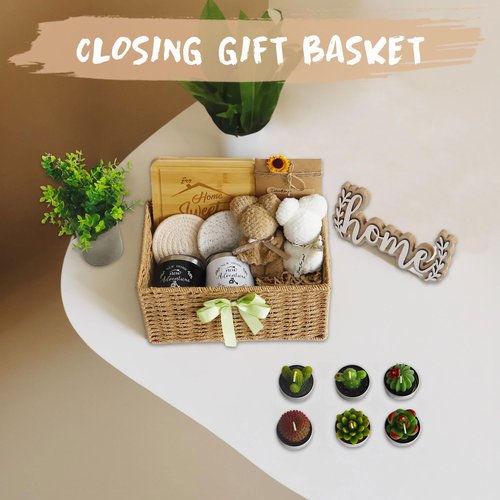 House Warming Gifts New Home, 18 Pcs Housewarming Gifts Basket New Home Gift Ideas, Faux Plants Scented Candles Home Sweet Home Bamboo Cutting Board for Couple Women Men, Closing Gifts for Home Buyers