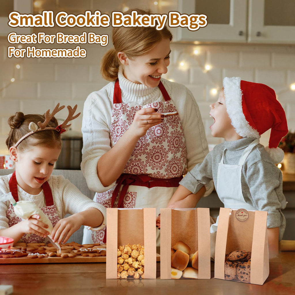 Bpole Cookie Bags with Seal - 50 PCS Small Bakery Bags with Window,5.1x2.8x9.1Inches Kraft Paper Cookie Treat Bag for Cookie Packaging Coffee Bean Snack Party
