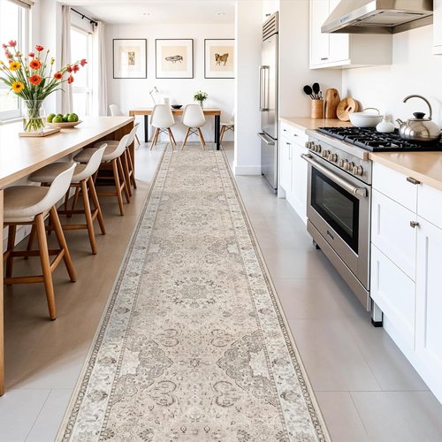 Hallway Washable Runner Rug - Vintage Soft Non-Slip 3x16 Entryway Carpet | Ideal for Kitchen & Living Room (Beige)