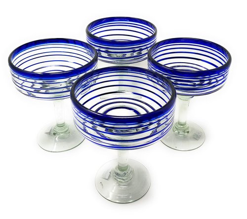 Dos Sueños Mexican Hand Blown Glass – Set of 4 Hand Blown Margarita Glasses (16 oz) with Blue Spiral Design
