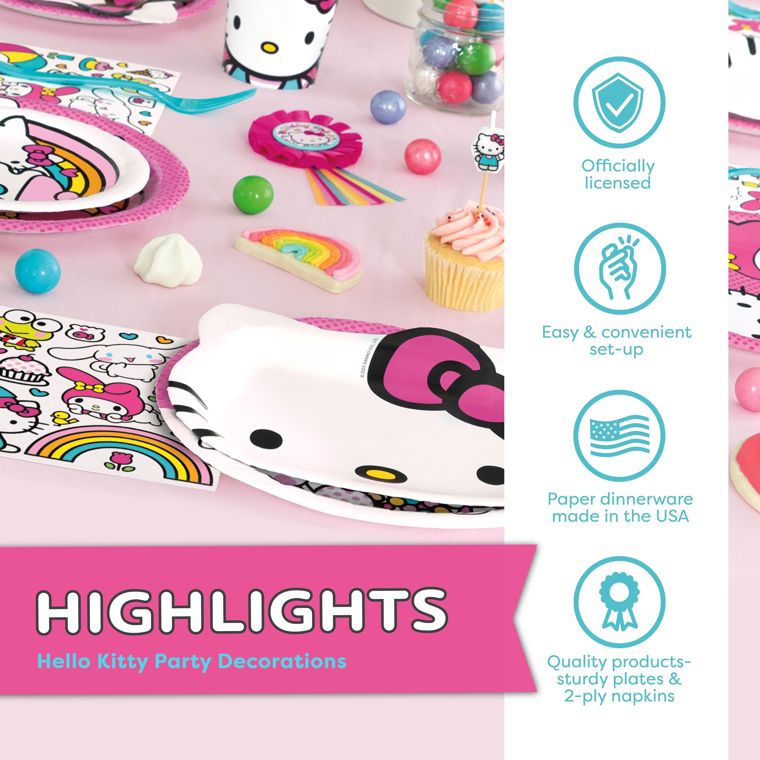 Hello Kitty Birthday Decorations for 16 | Banner, Tablecloth, Plates, Napkins | Officially Licensed Hello Kitty Party Decorations