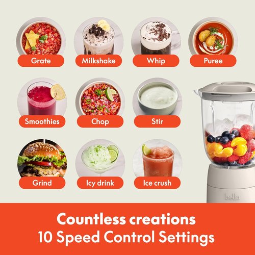 Bella 10-Speed Countertop Blender - Versatile Juicer & Smoothie Maker | 48oz Dishwasher Safe Pitcher, Stainless Steel Blade