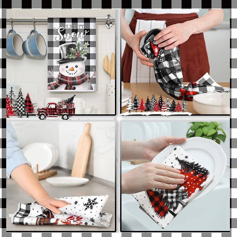 6 Pcs Christmas Kitchen Towels - Black & White Plaid, 16x24 in, 6-Pack (Variation: Black and White)