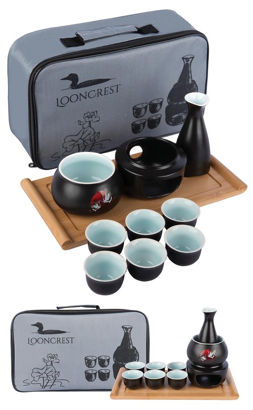 Japanese Sake Cup Set with 6 Ceramic Cups, 1 Ceramic Sake Bottle, 1 Ceramic Sake Warmer, Bamboo Tray, and Cloth Carrying Case - Perfect Hot Sake Set for Authentic Japanese Experience