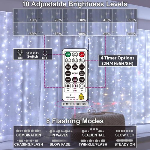 HXWEIYE 300LED Fairy Curtain Lights - 9.8x9.8Ft USB Plug-In with Remote | 8 Modes for Wedding & Bedroom Decor, White