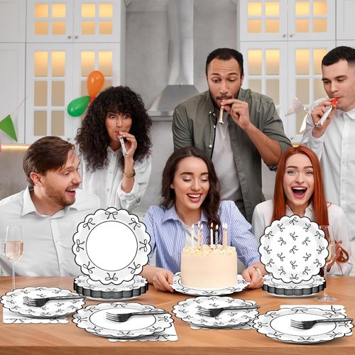 Bowknot Party Decorations | 96 Pcs Black & White Birthday Paper Plates & Napkins | Perfect for Bachelorette & Bridal Showers