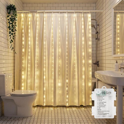 Brightown 180 LED Shower Curtain Fairy Lights - 70 Inch Warm White Waterproof String Light | 8 Modes for Indoor/Outdoor Decor