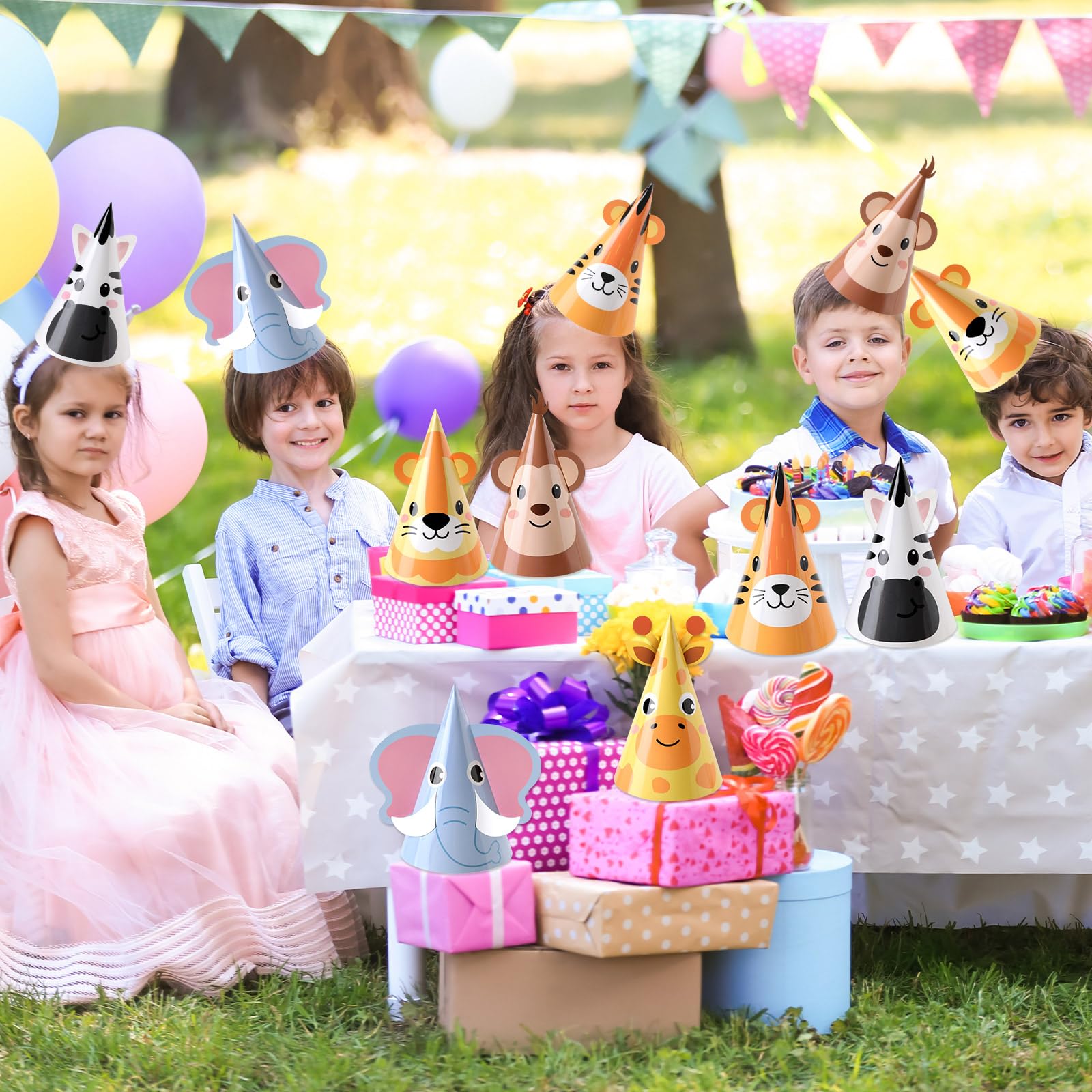 ojustbeok 24PCS Jungle Animal Party Hats Jungle Safari Birthday Cone Hat Safari Headwear Zoo Birthday Party Supplies for DlY Animal Theme Paper Hat Headbands Baby Shower Cartoon Decorations Favors