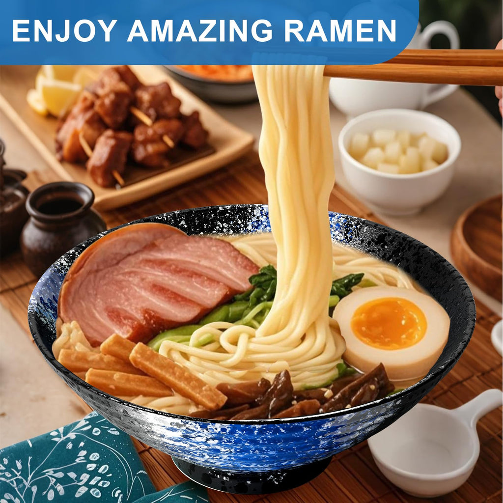 9.4Inch Ceramic Ramen Bowl Set of 2 (9 Piece) - Porcelain Japanese Salad Noodles Cereal Fruit Pasta Soup Large Bowls with Recipes Chopsticks Forks Spoons for Men Women Gift Microwave Dishwasher Safe