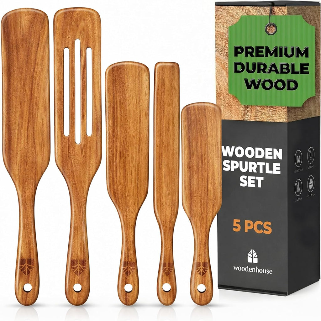 Woodenhouse Teak Spurtle Set of 5 - Versatile Kitchen Tools for Serving, Stirring, Mixing & Scraping