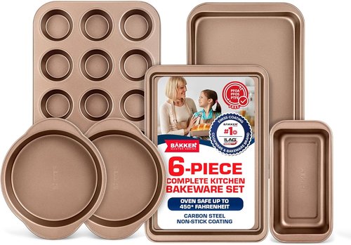 BAKKEN 6-Piece Baking Pan Set | Commercial Grade Carbon Steel, Nonstick, Space-Saving Design, Oven Safe Up to 450°F, Brown