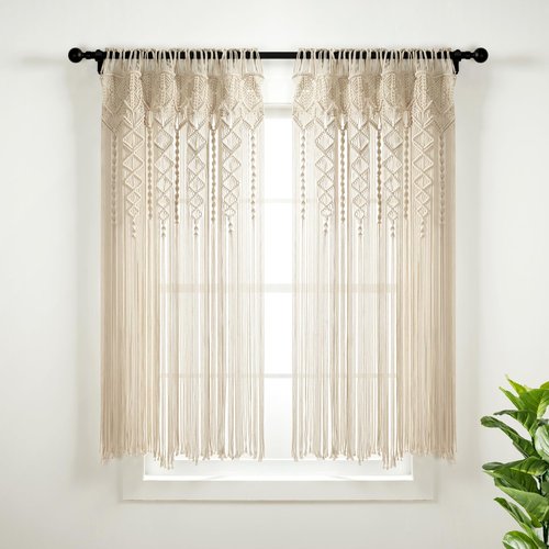 Lush Decor Boho Macrame Textured Cotton Window Curtain Panel Single 40" W x 63" L Neutral - Macrame Curtains for Windows, Room Divider, Boho Wall Decor