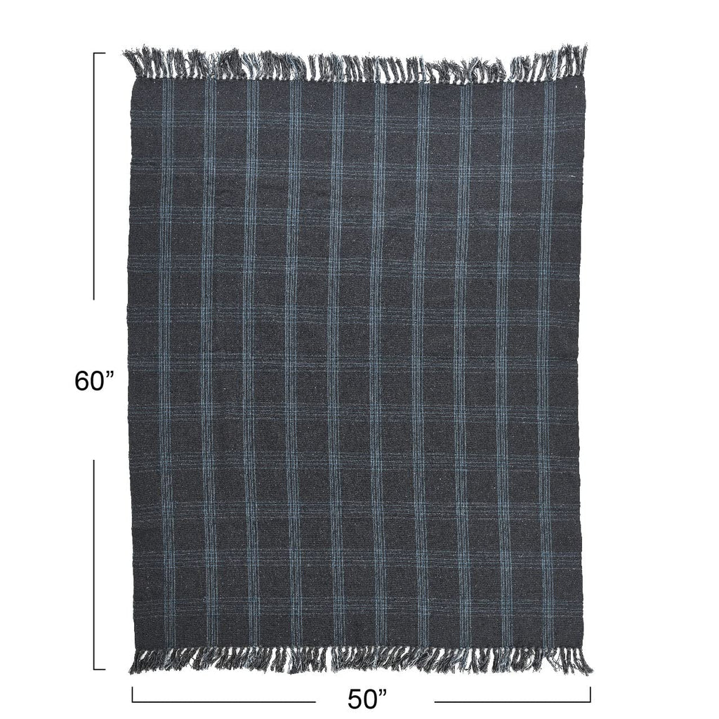 Creative Co-Op Recycled Cotton Blend Throw Blanket with Fringe, Grey Plaid