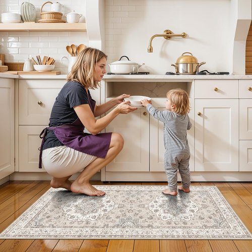 Entryway 2x4 Washable Area Rug - Oriental Stain Resistant Non-Slip Soft Indoor Carpet | Beige