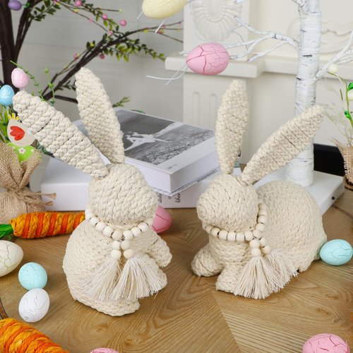 DR.DUDU 2 Pack Easter Bunny Figurines Decor, Rabbit Figurine Table Decorations, Spring Bunnies Decoration Cotton Woven Statue for Home Indoor Centerpieces Fireplace Farmhouse Gifts (Beige)