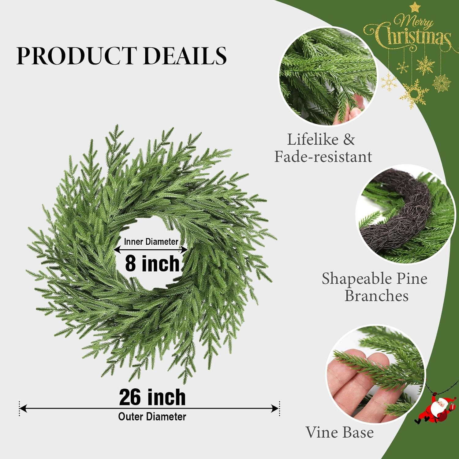 Regine Switzerland 26” Artificial Norfolk Pine Wreath - Real Touch Greenery for Year-Round Home Decor