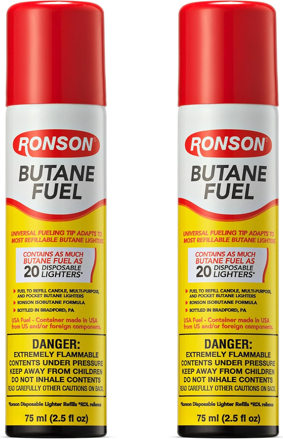 Ronson Butane Fuel Refill 75ml - Clean Burning Universal Lighter Fluid for Torch & Kitchen Use - Pack of 2