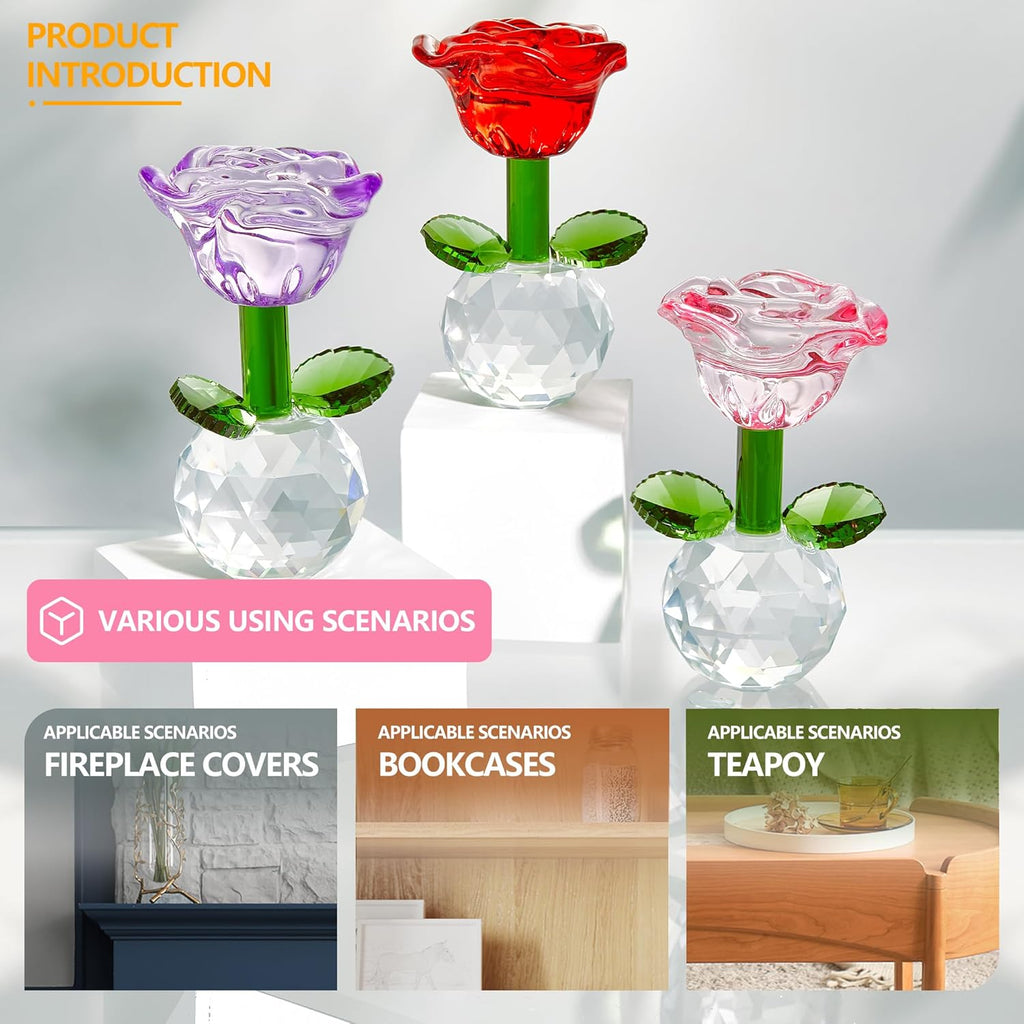 Regine Switzerland Crystal Glass Rose Flowers Figurines - Colorful Blown Glass Centerpieces | Set of 6 (3.5in)