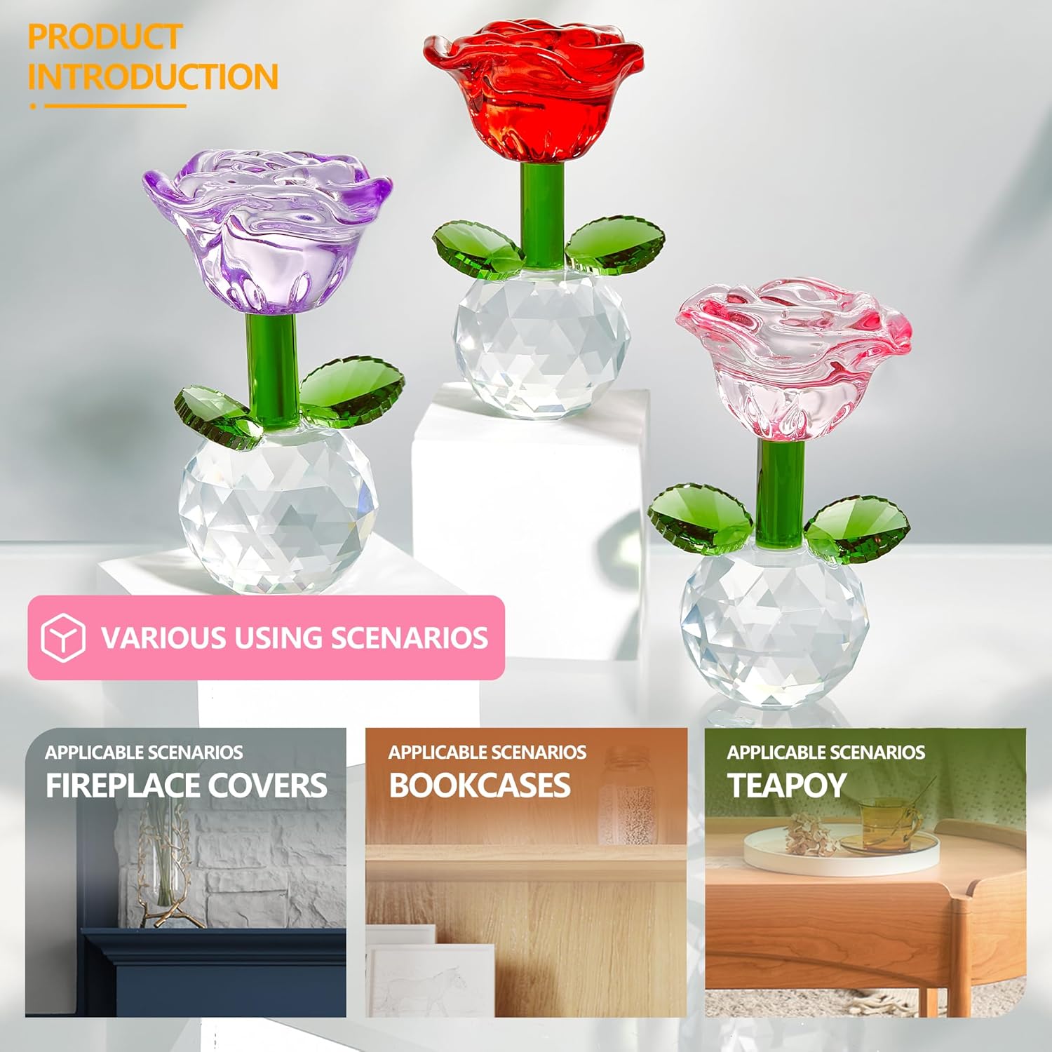 Regine Switzerland Crystal Glass Rose Flowers Figurines - Colorful Blown Glass Centerpieces | Set of 6 (3.5in)