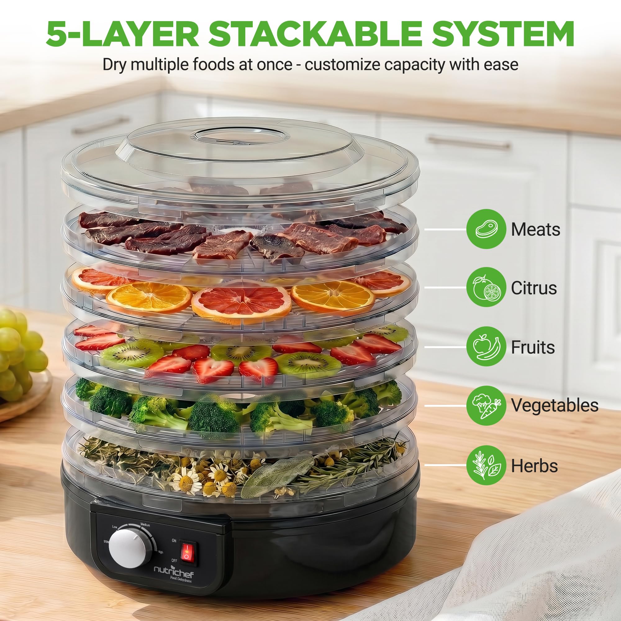 Nutrichef Electric Countertop Food Dehydrator | Professional Multi-Tier Food Preserver | Dehydrate Fish, Beef Jerky, Meats, Mushrooms, Fruits & Vegetables | 5 Stackable Trays for Easy Cleaning