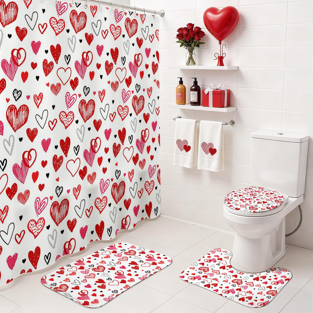 Mocsicka Valentines Shower Curtain Set for Bathroom, 4Pcs Doodle Style Red Heart Valentine Bathroom Sets with Non Slip Rugs, Toilet Lid Cover, Bath Mat, Shower Curtain, Bathroom Decor with 12 Hooks