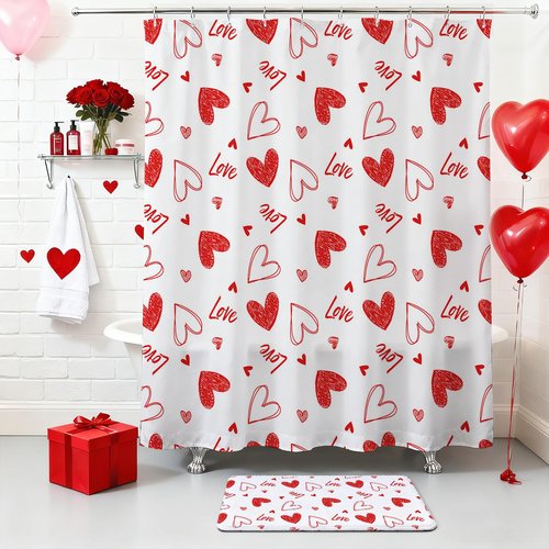Lindameler 4Pcs Valentines Shower Curtain Set, Sweet Love Red Heart Shower Curtain with Non-Slip Washable Bath Rugs, Toilet Lid Cover Red Heart Valentines Bathroom Decor Accessory Set 72X72 Inch