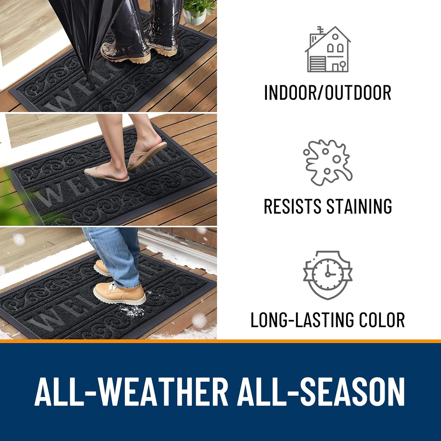 OLANLY Heavy Duty Welcome Door Mat - Waterproof, Stain Resistant, Easy Clean | 29.5 x 17 Inches, Black