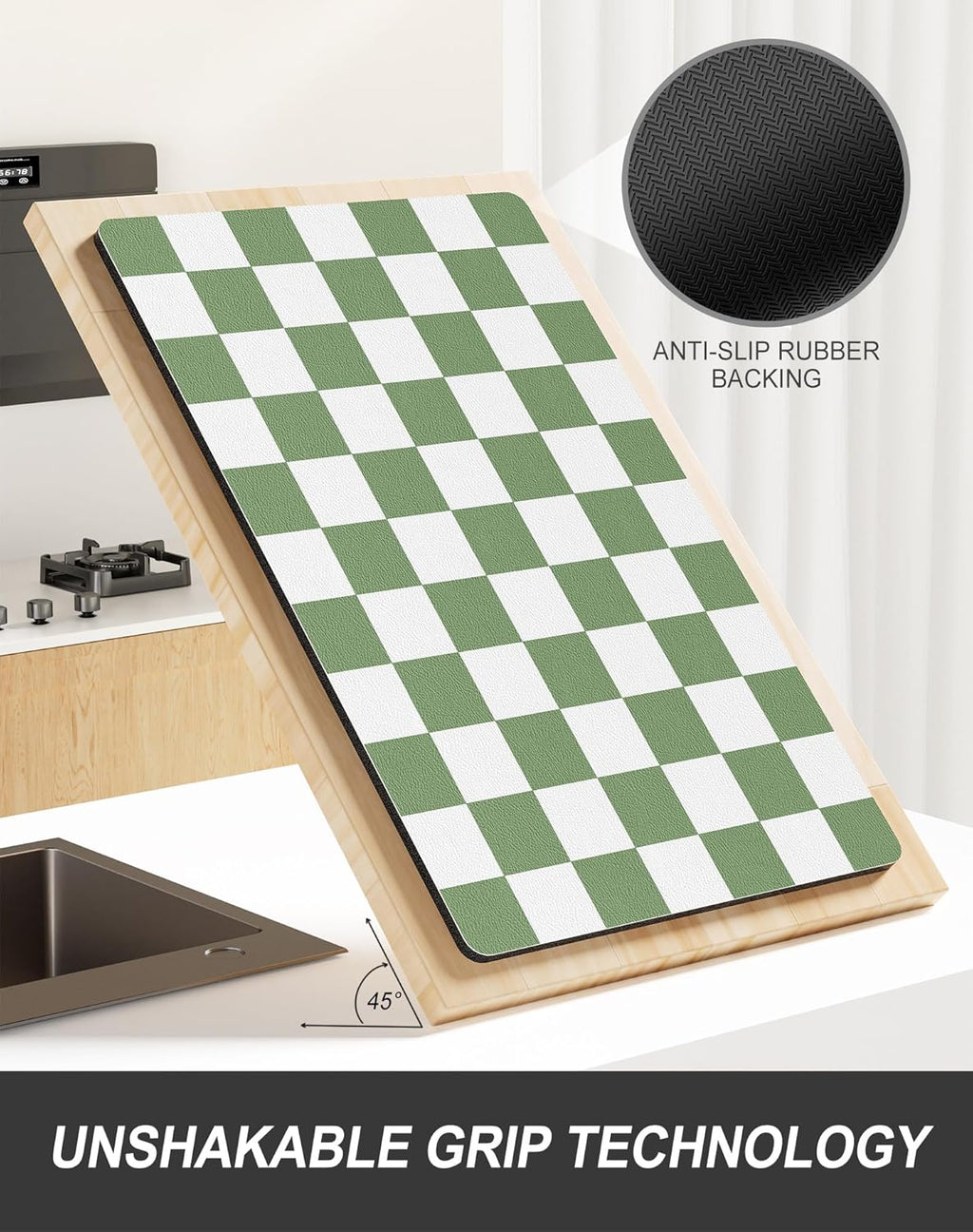 Rnivvi Dish Drying Mat - Absorbent Non-Slip Draining Pad for Kitchen | 12 x 19 Inches, Green & White Checkered