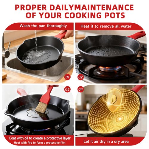 Cast Iron Skillet 3 Piece Set, Cookware Set 6, 8, 10 Inches, for Frying, Saute, &More, Easy Use in the Oven, Stove, Grill, or Campfire, Black, with Silicone Handle Grip Covers