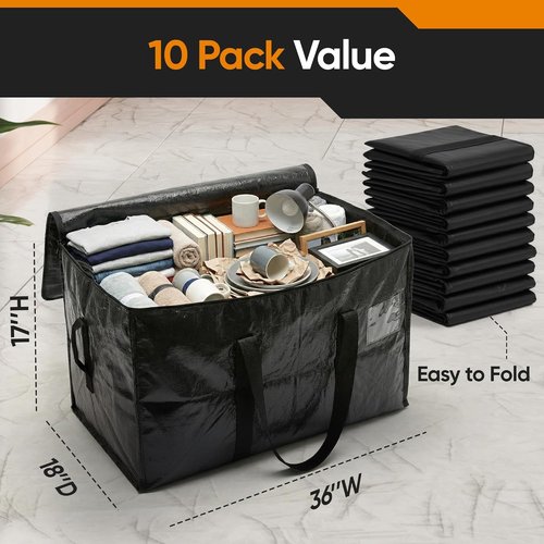 HOLDN’ STORAGE Extra Large Moving Bags - 10-Pack Heavy-Duty Reusable Totes with Zipper Lids | 45 Gallons Each