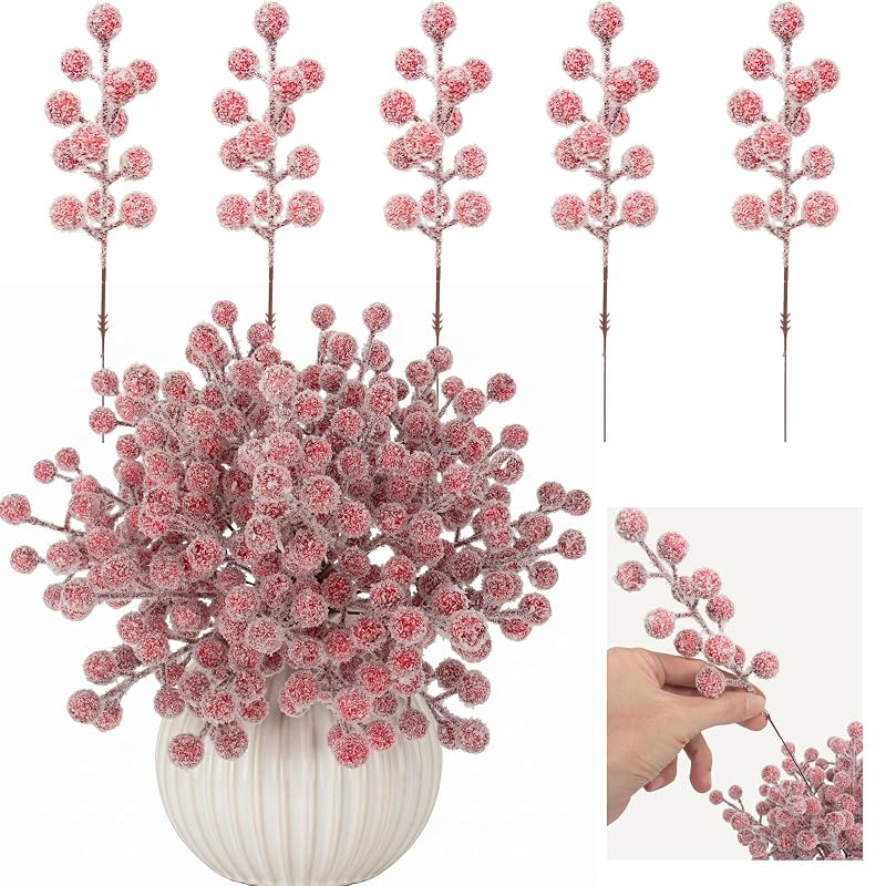 40 Pcs Snowy Red Berry Stems - Christmas Floral Picks with White Snow Frost (Variation: Red&White+40)