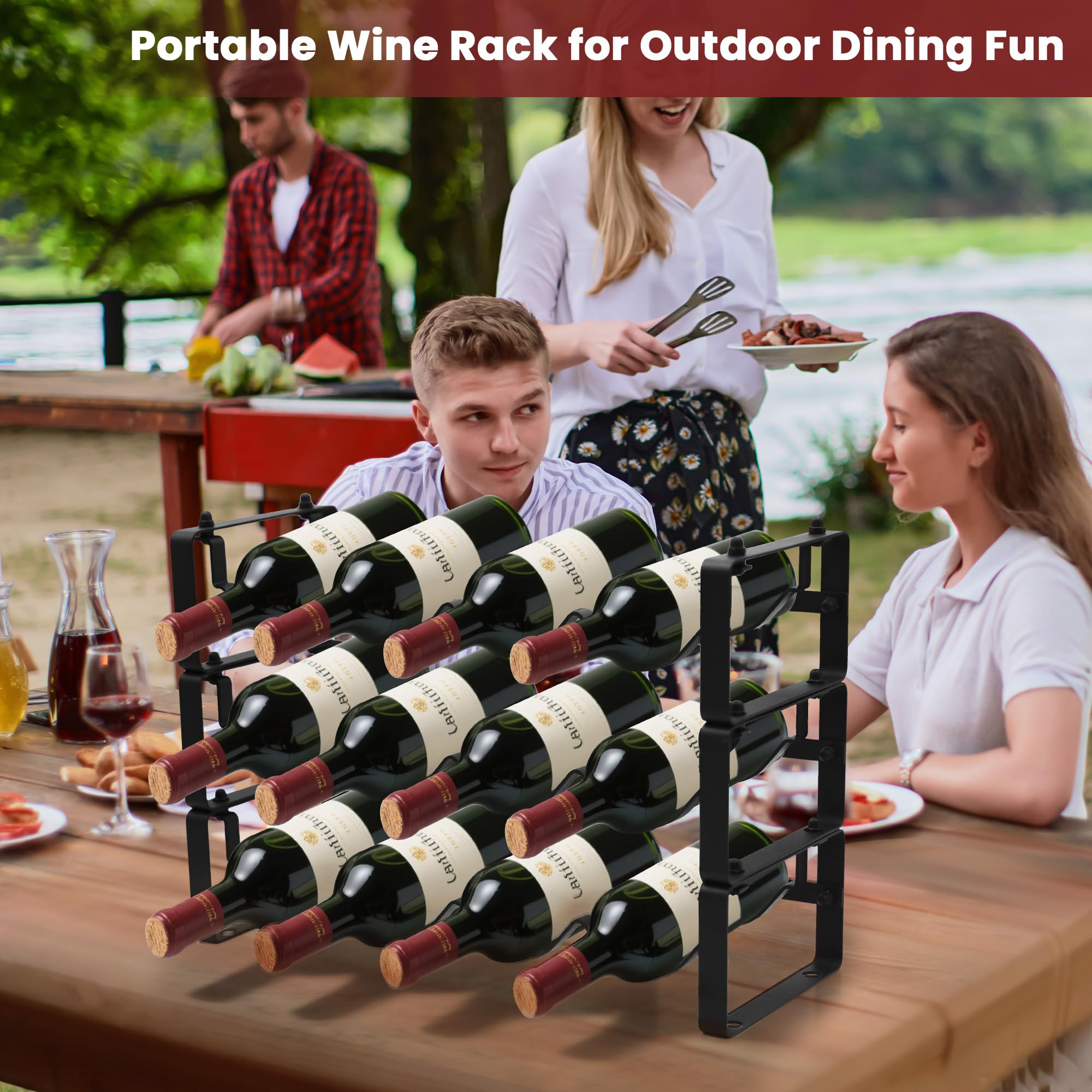 STAEVER Black Wine Rack for 12 Bottles – Stackable & Expandable Metal Wine Bottle Holder for Bar Counter, Cabinet, Pantry, or Small Spaces – Modern Freestanding Wine Storage Shelf (3 Tier, Black)