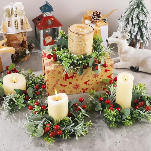 Daifunli Mini Wreaths - 8 Inch Christmas Candle Rings with Artificial Red Berries & Eucalyptus | Perfect for Home Decor